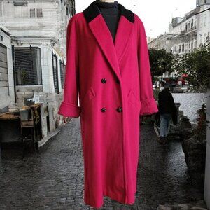 Jofeld Vintage Long Red Wool Overcoat W/Black Velvet Collar & Double-Breasted